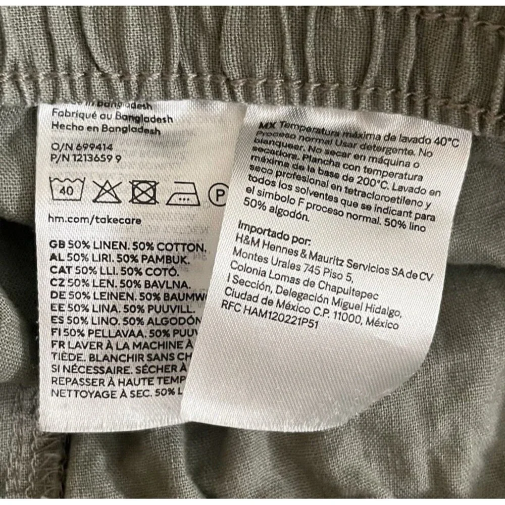 H&M Green Linen Cotton SZ XL Pants Wide Leg Elastic Waist High Rise Beach Resort
